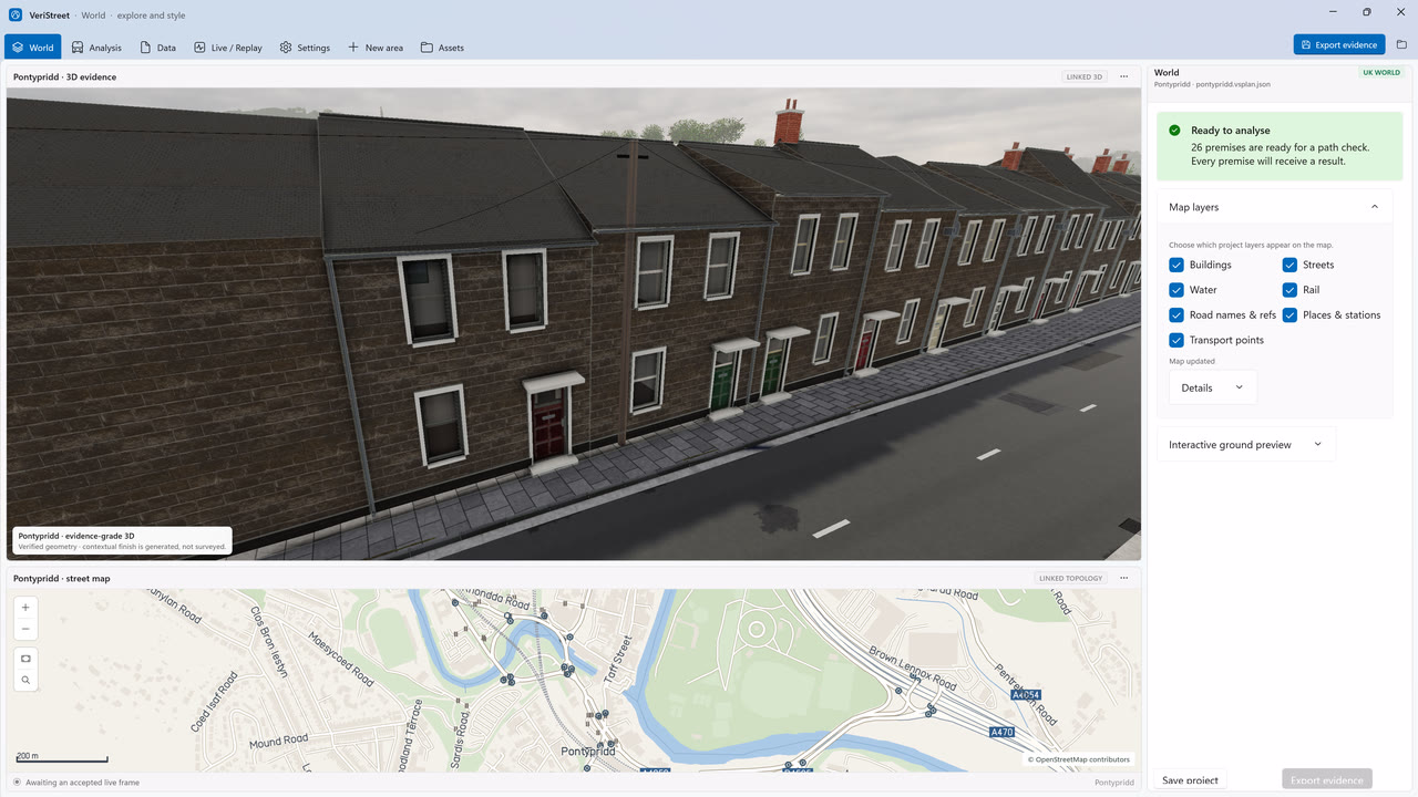 The VeriStreet Windows app on its World page: a 3D Pontypridd street above a linked street map, with map layer controls alongside.