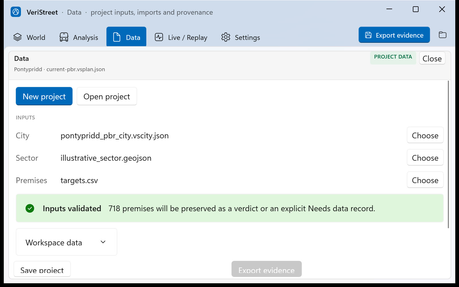 The VeriStreet Data page, with city, sector and premises inputs validated for 718 premises.