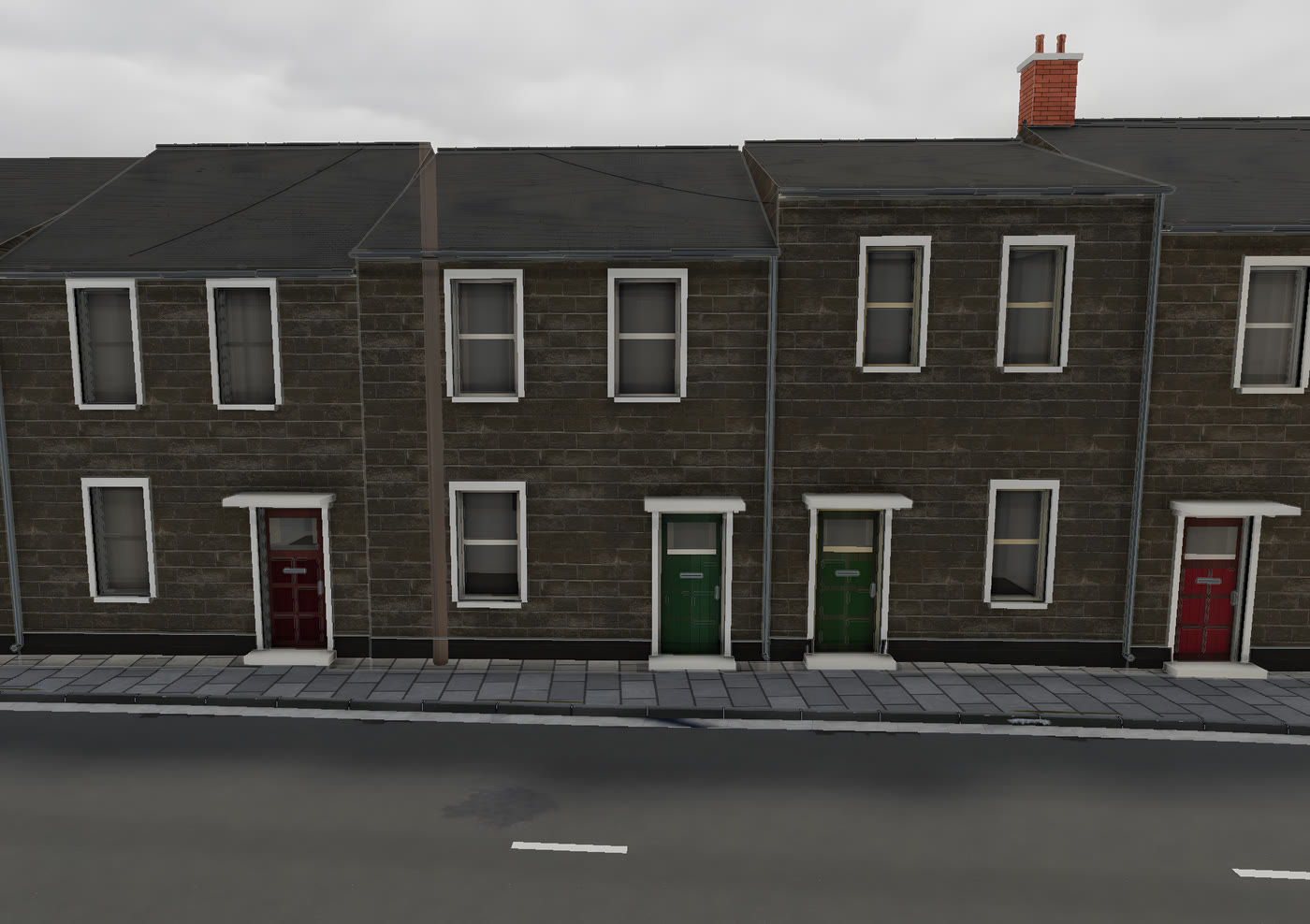 Front doors in red, green and cream along a stone terrace in VeriStreet, with sash windows and brick window arches.