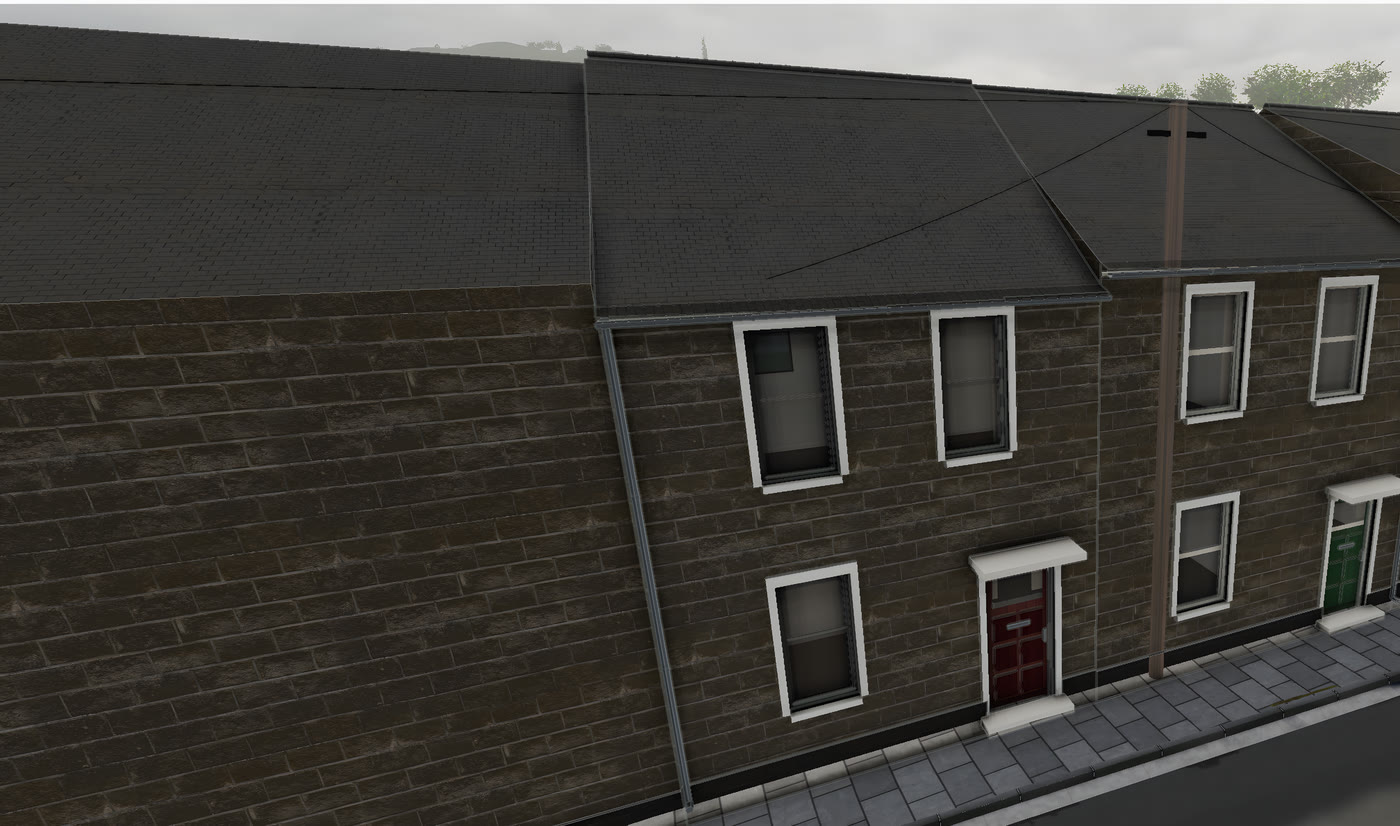 A stone terrace in VeriStreet seen along the street, with textured masonry, white window frames, doors and paved footways.