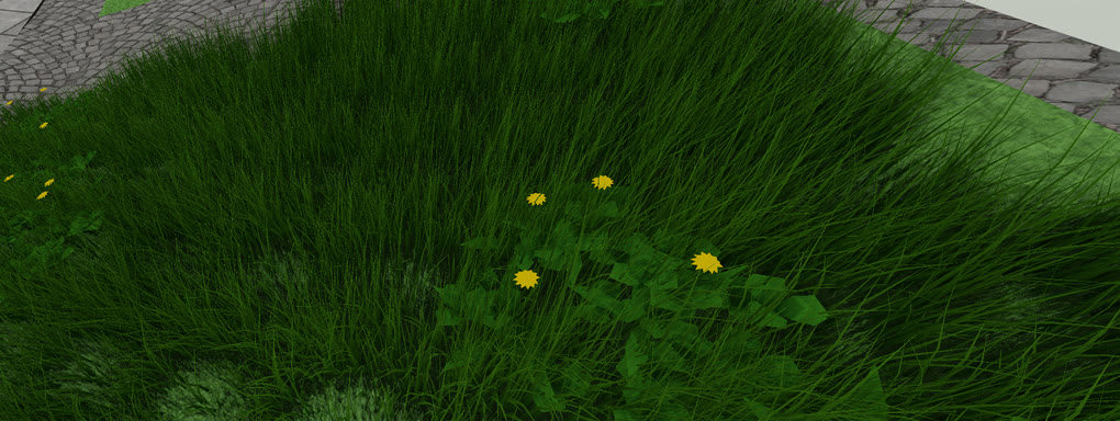 Close-up of long grass, clover and dandelions growing beside stone paving in VeriStreet.