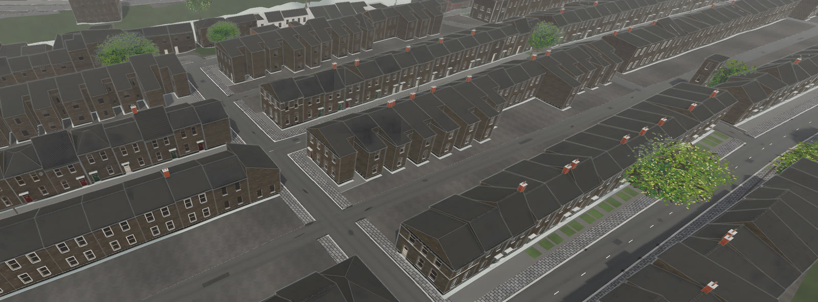 Slate rooftops, chimneys, street trees and a crossroads of terraced streets in Pontypridd, seen from above in VeriStreet.