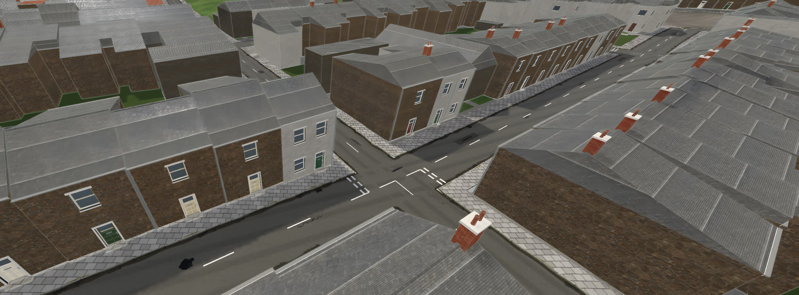 The same crossroads on 13 September 2026: plain roofs, bare ground and empty streets.