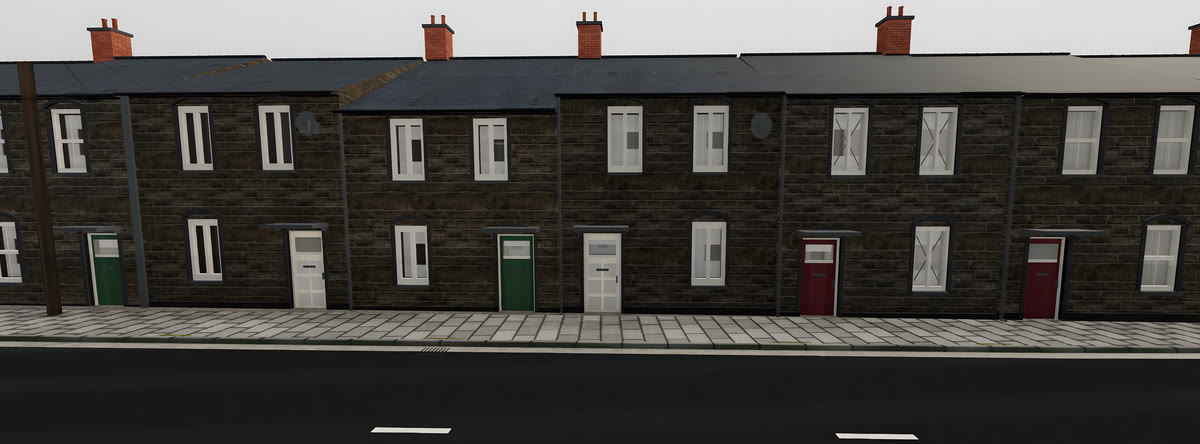 A long stone terrace in Pontypridd in VeriStreet, seen straight on, with painted doors, sash windows, chimneys and a paved footway.
