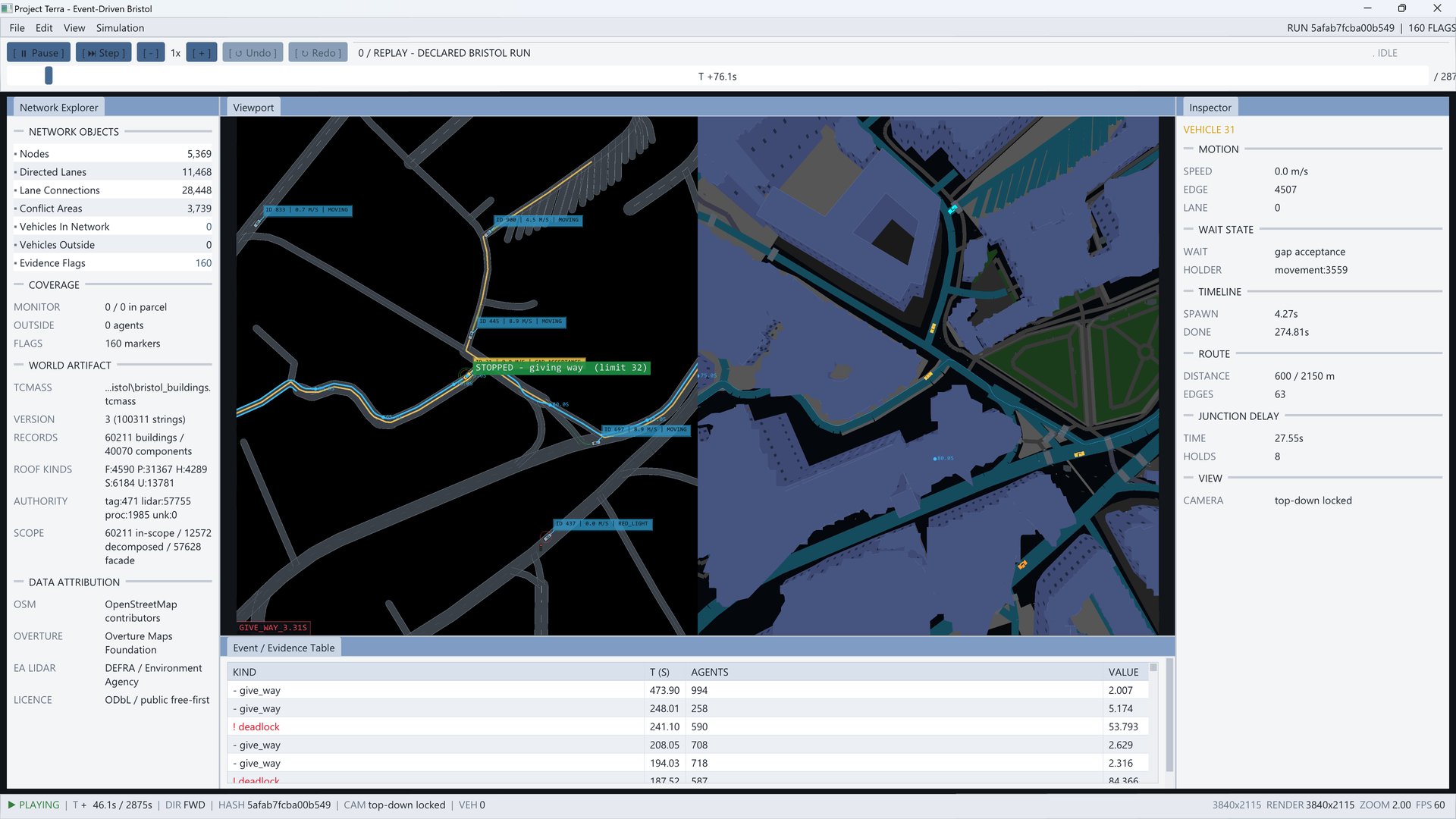 Street-level view of compiled OSM buildings with heights, terraces and road surface